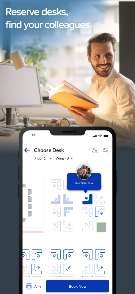 MoveInSync app interface for office desk reservation and floor plan selection
