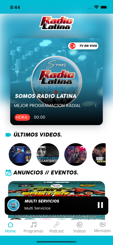 Somos Radio Latina - Home screen of the Somos Radio Latina app showing the live radio player and latest videos