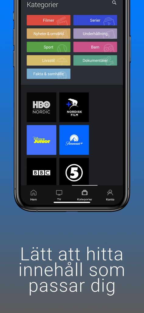 Telenor Stream app interface showing content categories and channel logos like HBO and Disney Junior