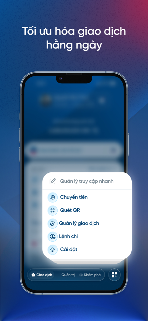 VietinBank eFAST One - Interfaz de la aplicación bancaria empresarial VietinBank eFAST One con un menú de acceso rápido para transferencias de dinero y gestión de transacciones.