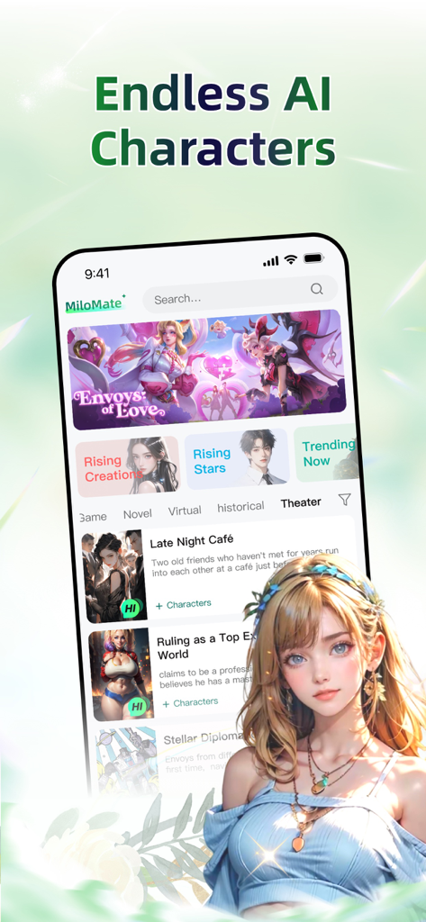 MiloMate-Talk with AI Roles - MiloMate app interface showing a wide selection of AI characters and roleplay story scenarios
