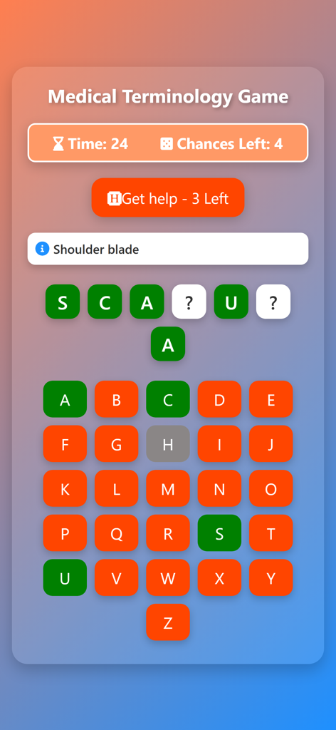 Medical Terminology Game Guess - Interface of a medical word guessing game showing a puzzle for Scapula with the hint shoulder blade