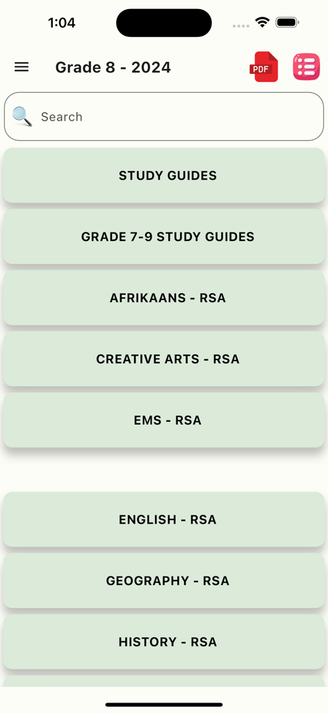 Grade 8 Exam Papers - A mobile app screen for Grade 8 Exam Papers showing a list of subjects like Study Guides, Afrikaans, Creative Arts, EMS, and English