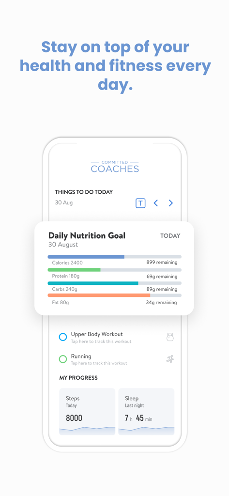 Committed Coaches - Interface of Committed Coaches app showing daily nutrition goals and fitness progress statistics