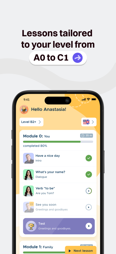 BeeSpeaker mobile app interface showing English language modules and lessons ranging from A0 to C1 levels