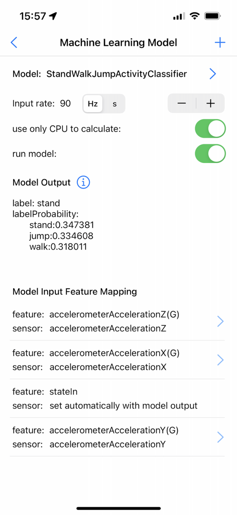 SensorLog - Machine learning model interface in SensorLog app showing activity classification probabilities and sensor input feature mapping.