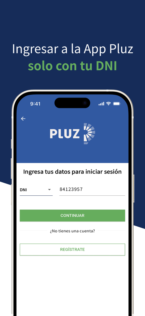Pluz - Login screen of the Pluz app for Peruvian energy services requiring DNI identification.
