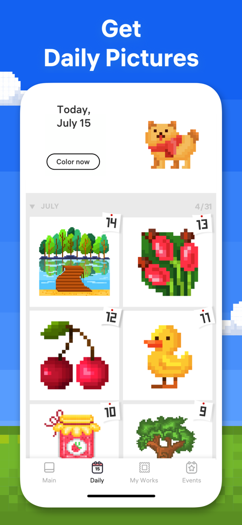 Daily pictures calendar screen in the Pixel Art app showing various pixelated artworks like a dog, flowers, and a duck.