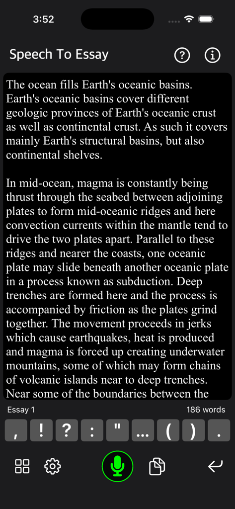 Interface of the Speech To Essay app showing a draft text with punctuation hotkeys and a microphone button