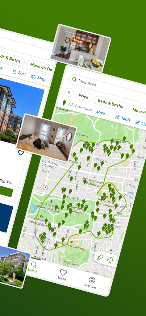 Apartments.com app showing a custom drawn map search area with rental property pins and interior photos.