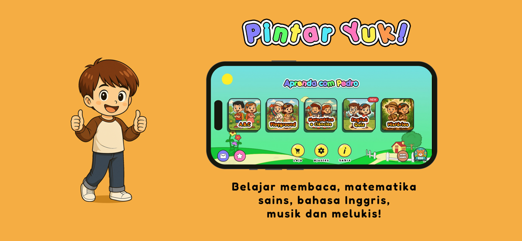 Pintar Yuk! - PAUD, TK & SD - Interface do menu principal do aplicativo educacional Pintar Yuk mostrando categorias de aprendizado e um personagem de menino de desenho animado