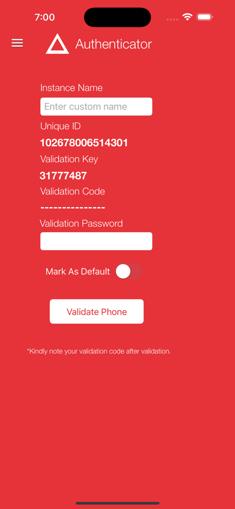 Interface de validation téléphonique ARCON Authenticator avec des champs pour un identifiant unique et une clé de validation