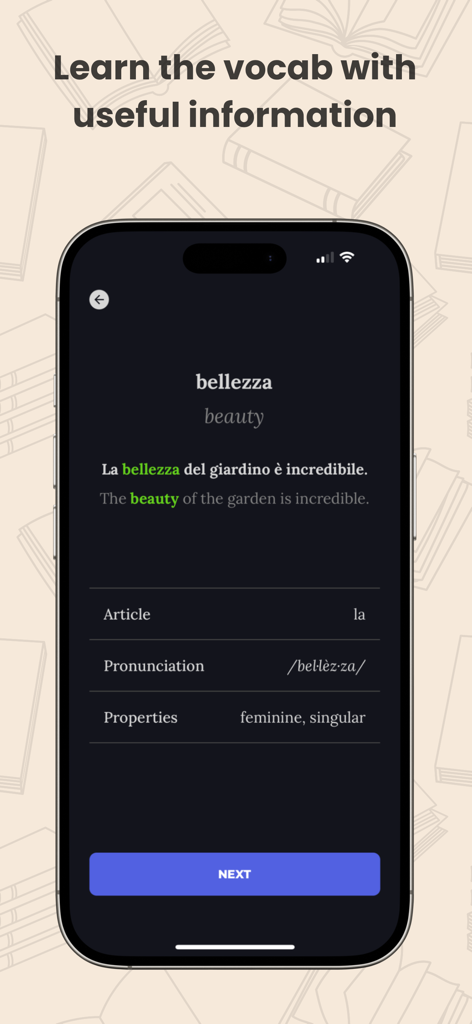 Read Fluently: LanguageLeveler - A vocabulary card for the word bellezza in the LanguageLeveler app showing translation, example sentence, and grammatical properties.