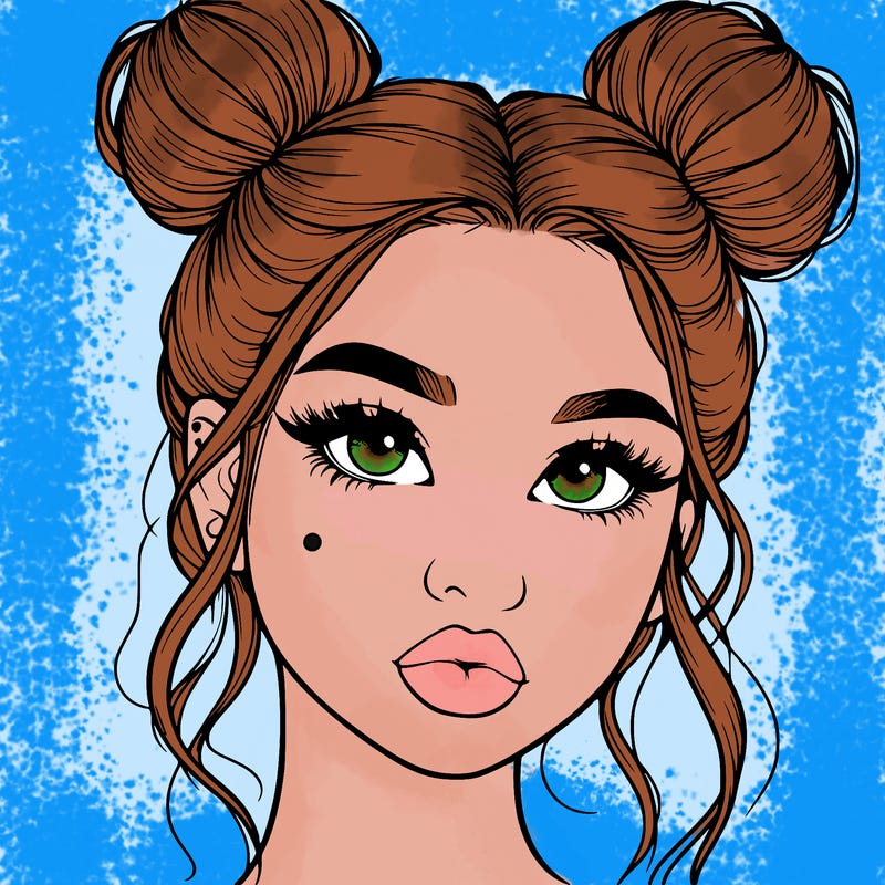 realistic girl with two buns on her hair and lips