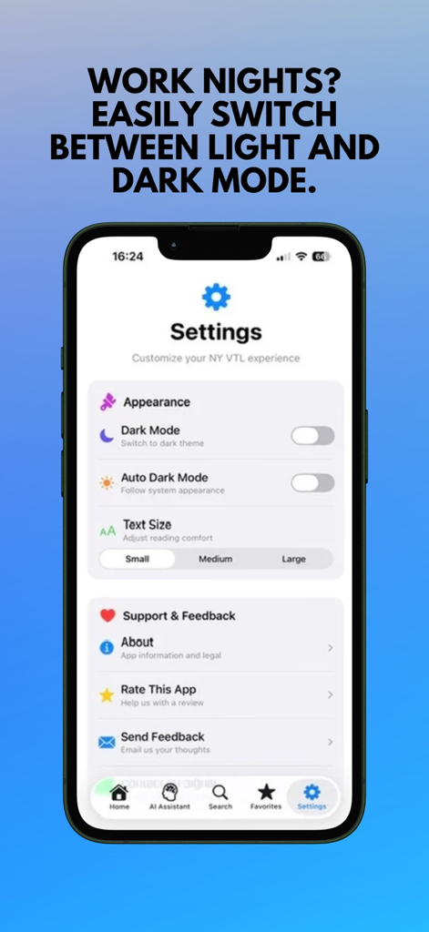 NY VTL app settings interface showing options for dark mode and text size adjustment
