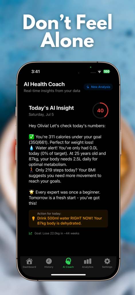 AI Calorie Deficit - SnapCal - Interfaz del Entrenador de Salud IA de SnapCal que muestra información de salud diaria personalizada y objetivos