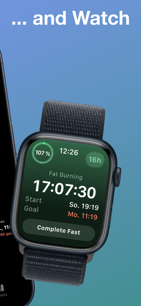 Intermittent Fasting Tracker: - Apple Watchに断続的断食タイマー、脂肪燃焼ステータス、ファスト終了ボタンが表示されています。