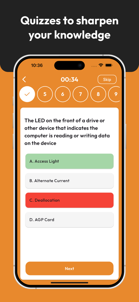 Quiz screen of the Computer Science Dictionary app with multiple choice engineering questions