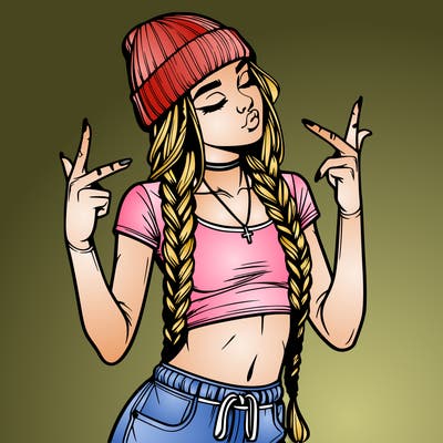 realistic teenage girl with braids and a beanie and crop top doing 🫶🏼