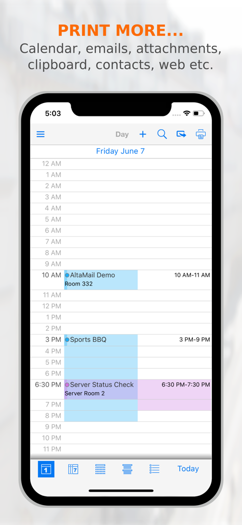 PrintCentral Pro for iPhone - Screenshot of PrintCentral Pro on an iPhone showing a detailed daily calendar view with a print button