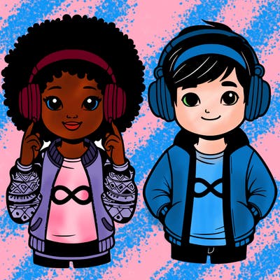 an afroamerican girl with headphones and a boy with headphones, they have an ♾️ symbol on their shirt