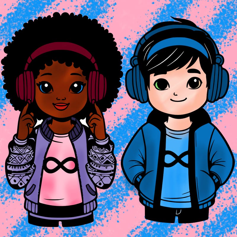 an afroamerican girl with headphones and a boy with headphones, they have an ♾️ symbol on their shirt