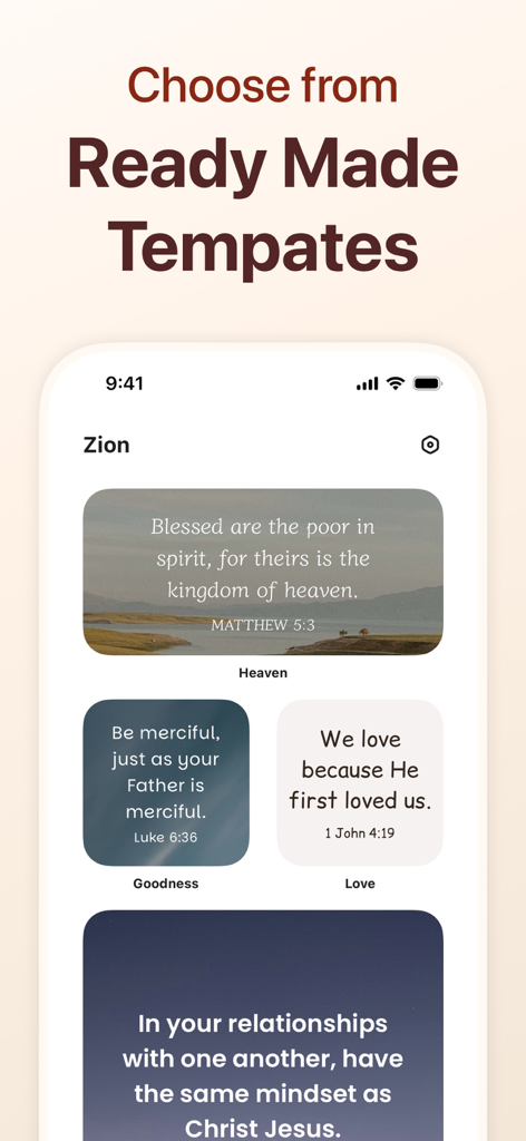 A variety of aesthetic Bible verse widget templates displayed in the Zion app interface