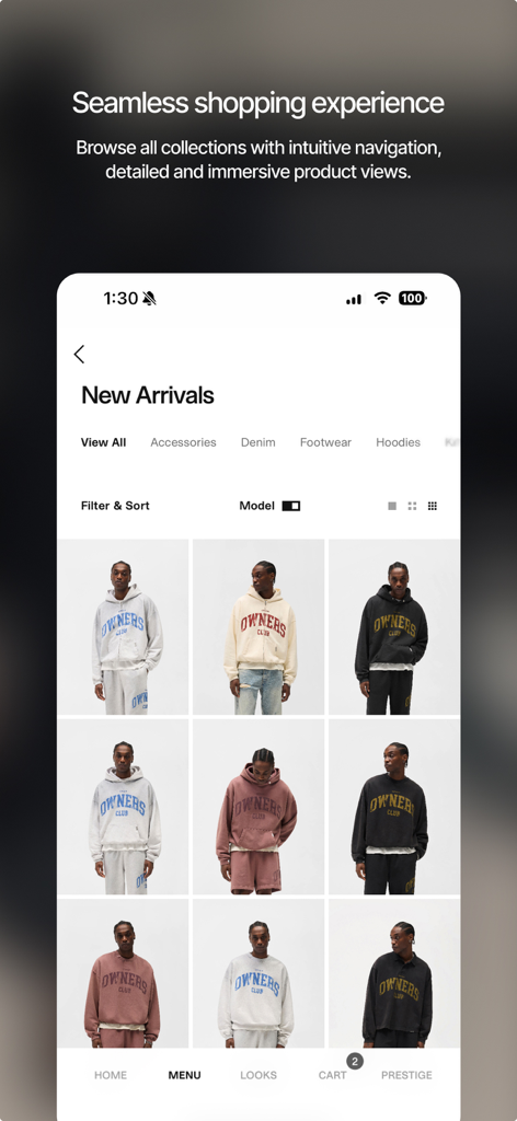REPRESENT - The new arrivals screen of the Represent luxury streetwear app showing a grid of hoodies and minimalist navigation