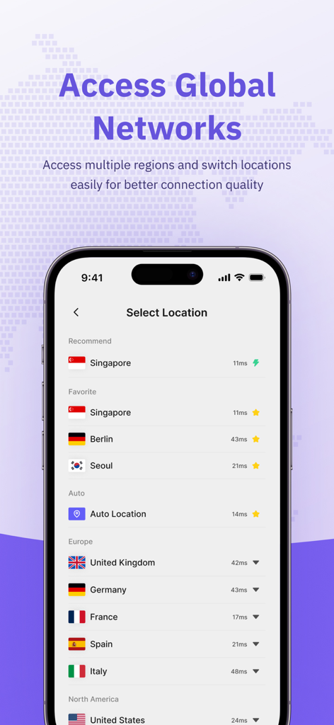 Interface of SpeedTop VPN app showing a list of available server locations across the globe