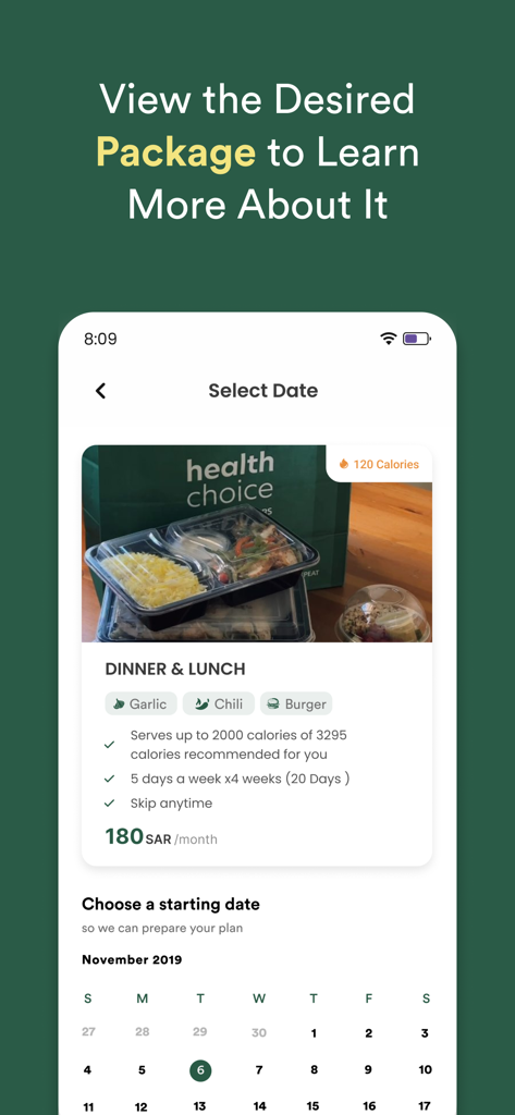 Selection of a dinner and lunch meal plan with a starting date calendar in the Health Choice app.