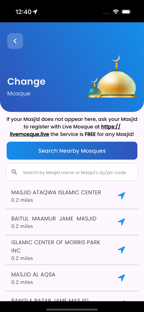 Live Mosque - A screen from the Live Mosque app showing a list of nearby mosques with search and distance details
