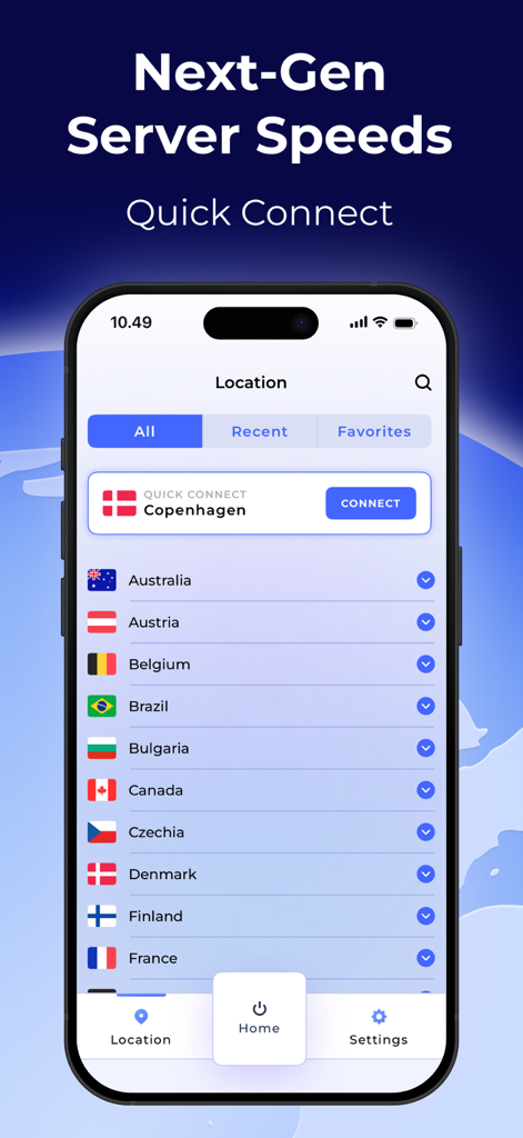 Unlocator VPN app interface showing a list of global server locations and a quick connect option for fast speeds.