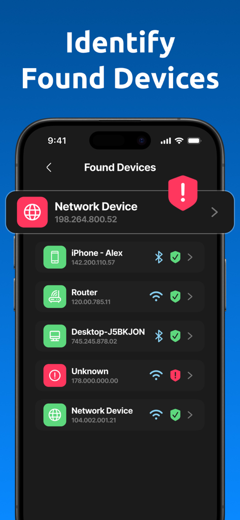 A smartphone display showing a list of identified network and bluetooth devices with security status icons for privacy protection