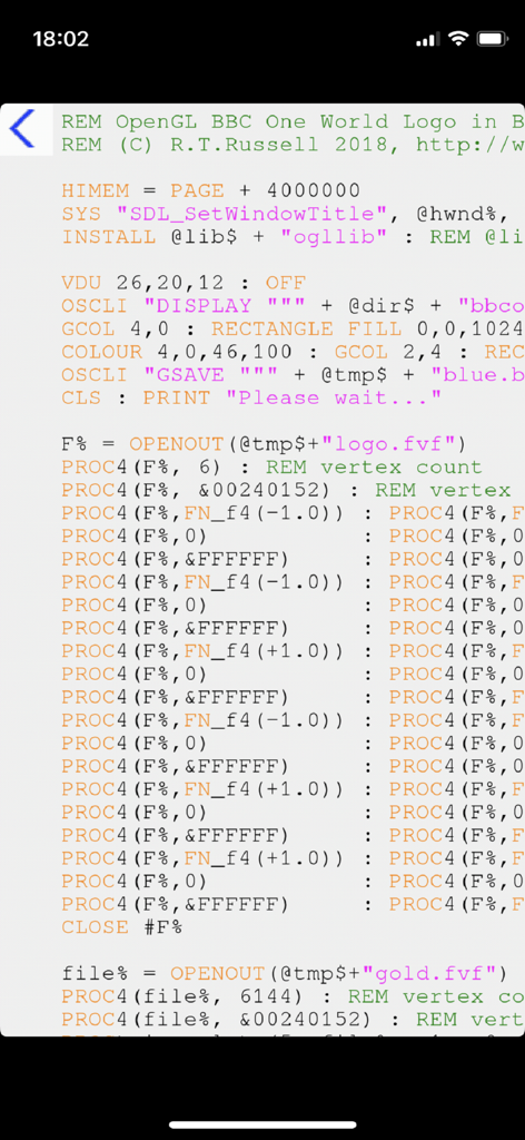 Uma interface móvel do aplicativo BBCBasic exibindo um editor de código BASIC de estilo retrô com comandos OpenGL.