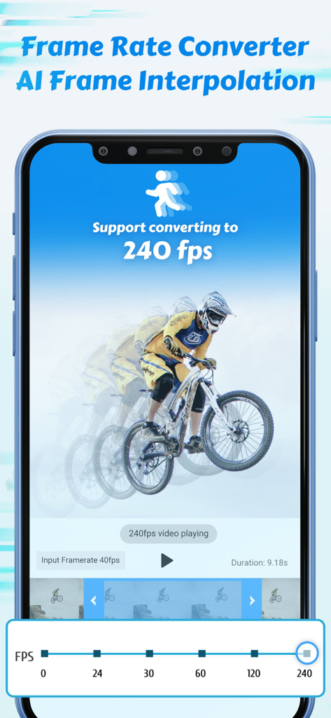 Time Cut: Smooth Slow Motion - Time Cut app screen showing AI frame interpolation for converting video to 240 fps with a mountain biker visual example