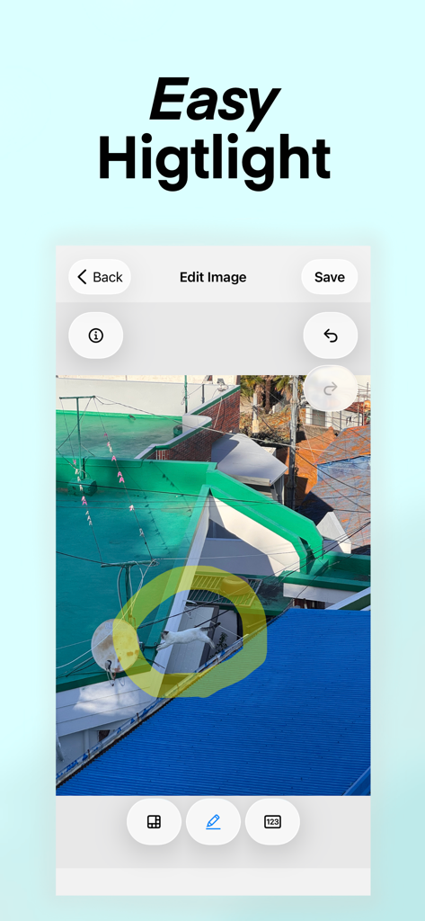 Moza Editor - Interfaz de Moza Editor que muestra la herramienta resaltador amarillo rodeando a un gato en una azotea