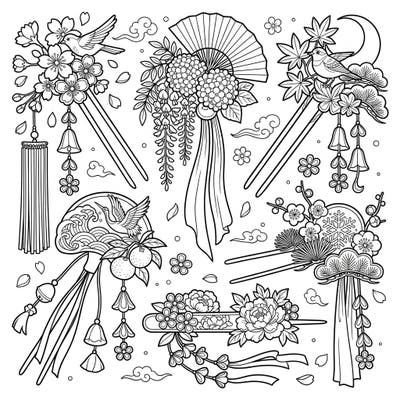 Dive into the artistry of Japanese culture with this stunning coloring page featuring a collection of traditional Geisha Kanzashi hairpins. Each intricate design celebrates distinct seasonal themes, offering a unique blend of elegance and nature to color.