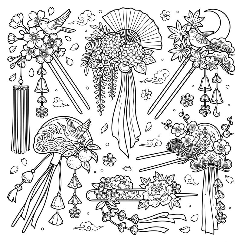 Dive into the artistry of Japanese culture with this stunning coloring page featuring a collection of traditional Geisha Kanzashi hairpins. Each intricate design celebrates distinct seasonal themes, offering a unique blend of elegance and nature to color.