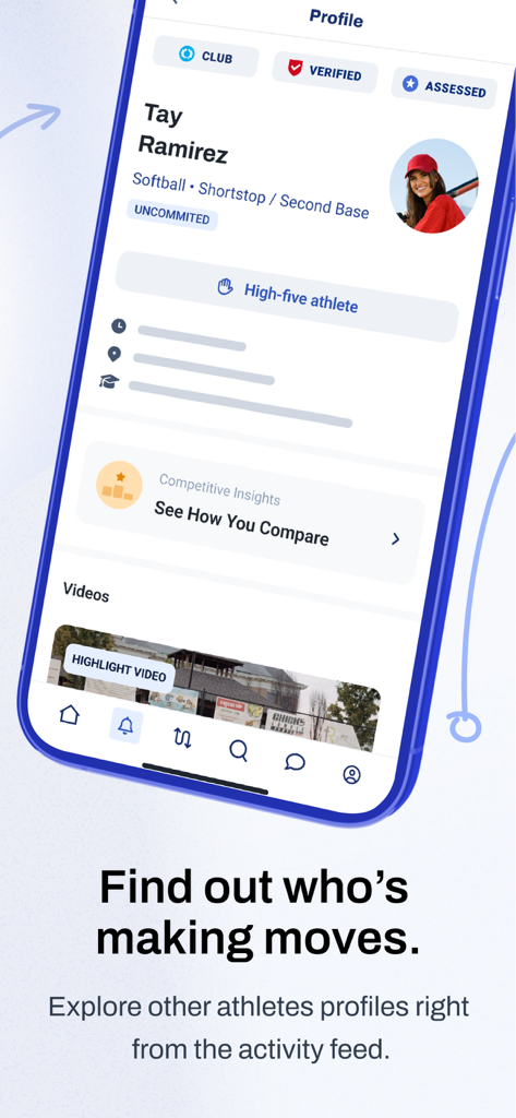 ASM Sports - Mobile application interface displaying a student athlete profile for college recruitment featuring stats and video highlights