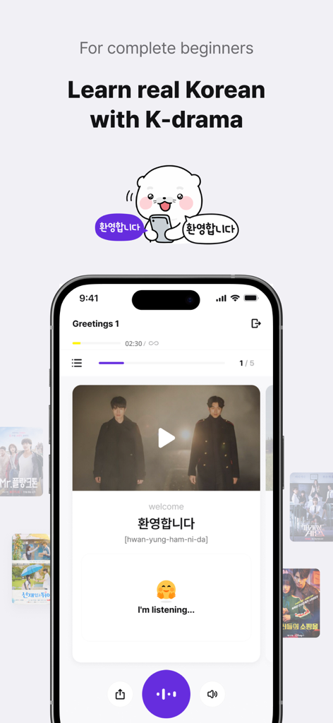 LINGORA | 24/7 Language Lesson - Lingora app interface showing a Korean language lesson based on a K-drama scene