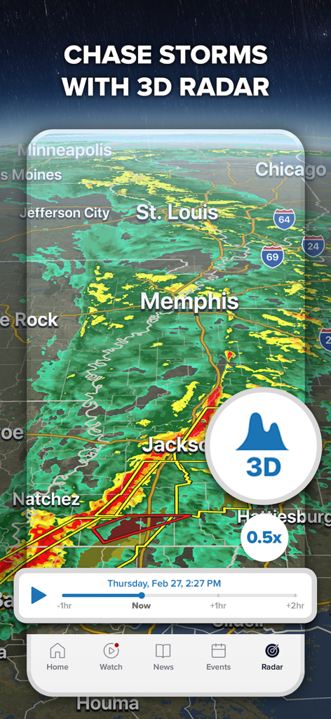 FOX Weather app interface displaying a 3D radar map with storm tracking over the United States