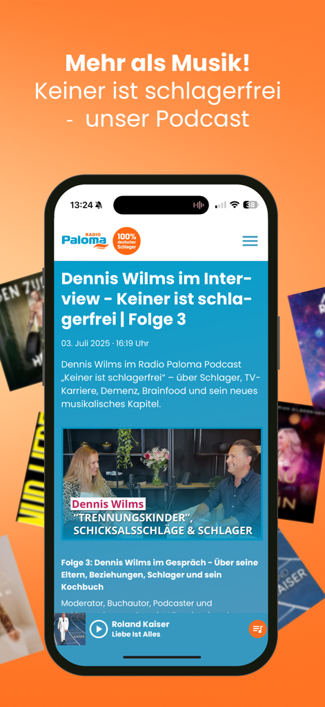 Pantalla de podcast de la aplicación Schlager Radio Paloma con una entrevista a Dennis Wilms
