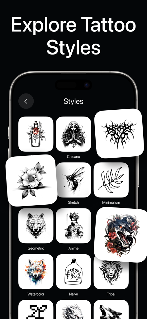 タトゥーAIデザインとジェネレーターアプリのギャラリーにさまざまなタトゥースタイルを表示するスマートフォンの画面