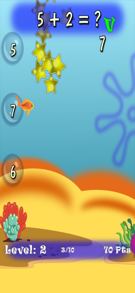 Fish Math Trainer - Gameplay screen from Fish Math Trainer showing an addition problem 5 plus 2 equals 7 in an underwater setting.