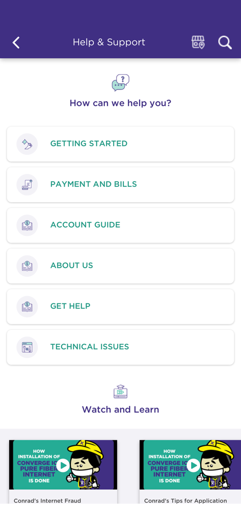 Converge GoFiber! - Help and Support screen of the Converge GoFiber app showing self-service categories like billing and technical issues.