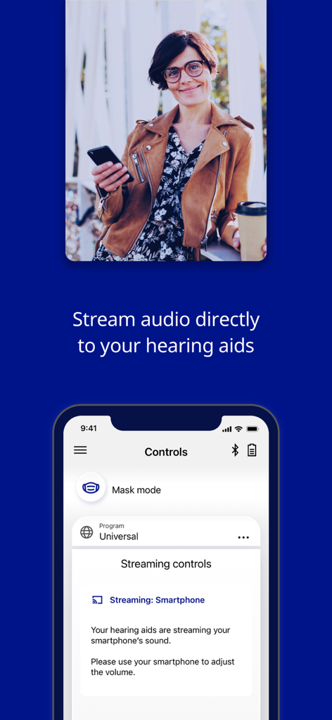 AudioService App - A woman holding a smartphone above the AudioService app interface showing audio streaming controls for hearing aids.