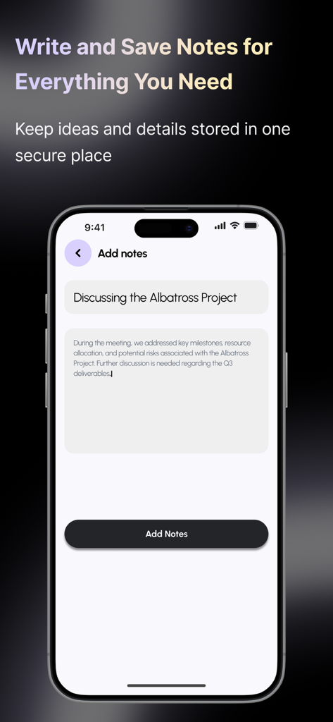 Parallel Space 2026 - Una captura de pantalla de la aplicación Parallel Space 2026 que muestra la interfaz para escribir y guardar notas seguras.