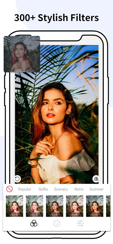 Story Art: Story & Reels Maker - Benutzeroberfläche der Story Art App, die stilvolle Filter zur Bearbeitung von Social-Media-Porträts präsentiert