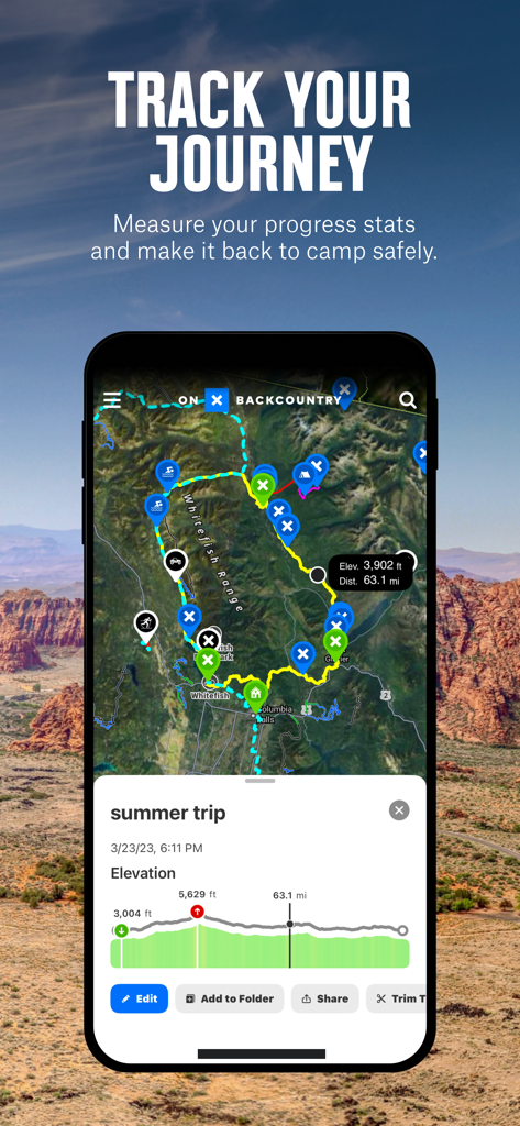onX Backcountry: Trail GPS App - Un smartphone affichant l'application onX Backcountry avec un itinéraire d'été suivi et un profil d'élévation.