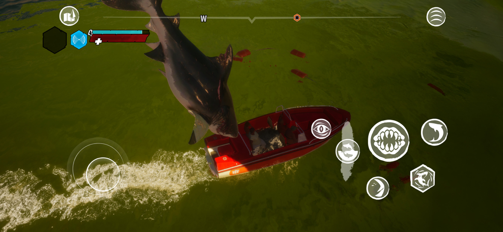 Gameplay screenshot of Maneater featuring a large shark jumping onto a red motorboat.
